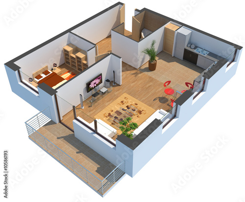 3D sectioned apartment with furniture with clipping path