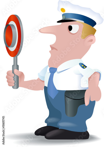 Cartoon Polizist in blau mit Stop-Kelle Cartoon Polizist in blau mit Stop-Kelle