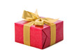 Red gift with gold ribbon on white background
