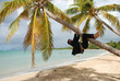 Plage des Antilles - Homme en costume grimpant à un cocotier Plage des Antilles - Homme en costume grimpant à un cocotier