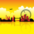 London skyline silhouette at dusk with reflection on thames
