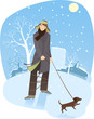 Nice Boy Walking Dog In Winter Park