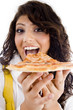 pretty woman eating delicious pizza