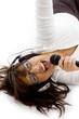high angle view of female attorney crazy for music