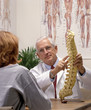 a chiropractor showing a patient a model of spine