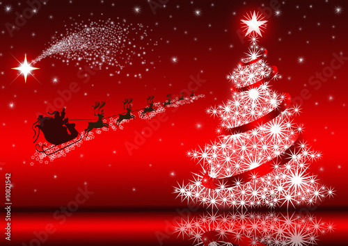 Illustration: Santa Claus & Christmas tree on red background Santa Claus & Christmas tree on red background