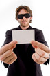 young male holding business card
