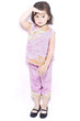 Eurasian girl in pink cheongsam saluting