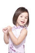 Eurasian girl smiling in pink cheongsam