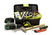 plastic toolbox and tools on white background