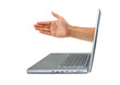 A silver laptop computer, offering a handshake