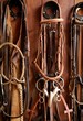 Horse riders complements, rigs, reins, leather over wood Horse riders complements, rigs, reins, leather over wood