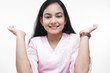 portrait of an asian teenage girl with outstretched palms