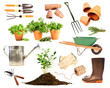 Variety of objects for spring planting on white Variety of objects for spring planting on white