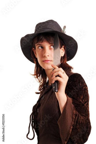 Photo: Girl with the knife, isolated on white Girl with the knife, isolated on white