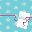Gift card with blue damask pattern and purple ribbon