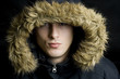 Young handsome  man wearing fur hood in  a winter