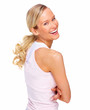 Pretty blond woman looking over her should laughing