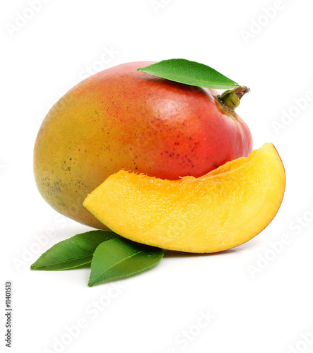 Photo: fresh mango fruit with cut and green leafs isolated fresh mango fruit with cut and green leafs isolated