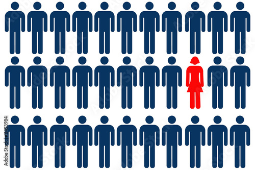 Photo: Unique female person symbol among group of male person symbols Unique female person symbol among group of male person symbols