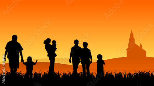 Vector: young people with children going to church young people with children going to church