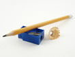 Number 2 pencil with sharpener and shaving on white Number 2 pencil with sharpener and shaving on white
