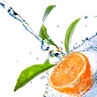 water drops on orange with green leaves isolated on white