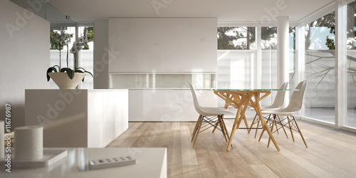 Illustration: White minimalist interior with dining table White minimalist interior with dining table