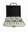 Photo: silver suitcase with money dollars isolated silver suitcase with money dollars isolated
