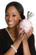 Smiling Woman With Piggy Bank