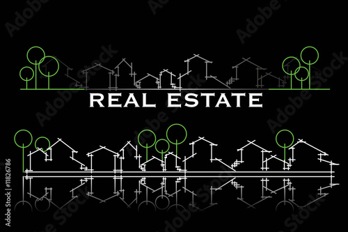 Real estate business card with houses and trees silhouette Real estate business card with houses and trees silhouette