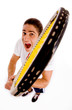 high angle view of shouting male with racket