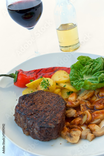Rinder-Filet mit Champignons,Ei,Bratkartoffeln, und Bohnen