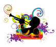 Swirling rainbow illustration with trumpeter
