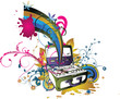 abstract illustration with floral, grunge and tape recorder