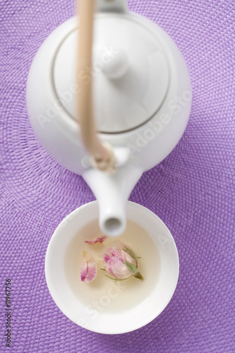 Photo: teapot and bowl of rose tea teapot and bowl of rose tea