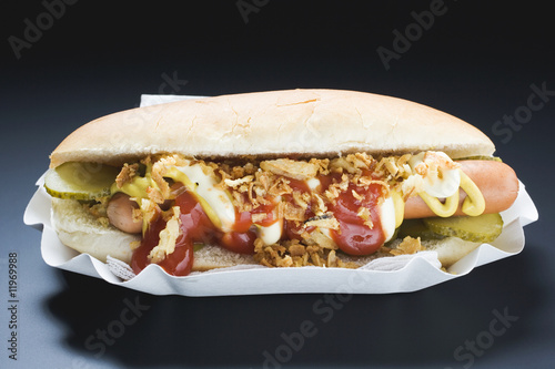 Photo: hot dog with gherkins, fried onions, mustard and ketchup hot dog with gherkins, fried onions, mustard and ketchup