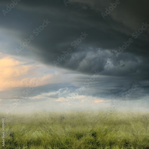 Foto: Twilight landscape with foggy field Twilight landscape with foggy field