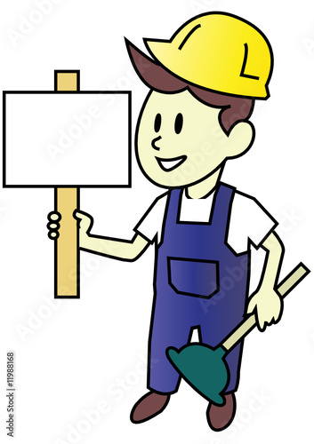 Plumber man with Sign & Plunger - Vector Illustration Cartoon