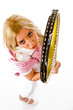 top view of smiling young woman holding tennis racket