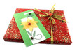 Red gift-box with a gold bow and a card