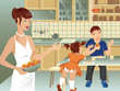 Family on kitchen