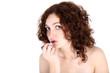 girl in bathroom with lipstick isolated on white