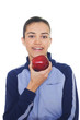 Portrait of smiling young woman holding apple