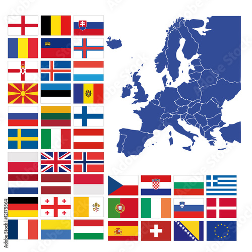 all european flags and map of europe vector illustration