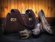 Suede bag, leather shoes and belt decorated by artificial gems