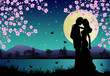 Moonlight on a lake with a romantic couple under cherry trees