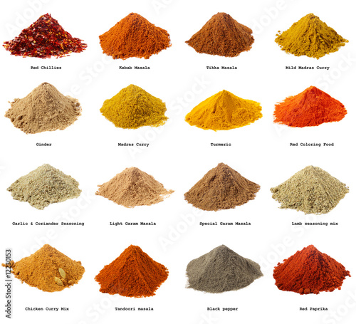 Photo: sixteen piles of Indian powder spices with its names sixteen piles of Indian powder spices with its names