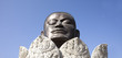 Black buddha head meditating in white lotus against blue sky