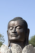 Black buddha head meditating in white lotus against blue sky